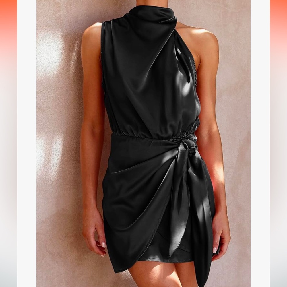 Black Satin Asymmetrical Mini Dress Mock Neck Tie Waist